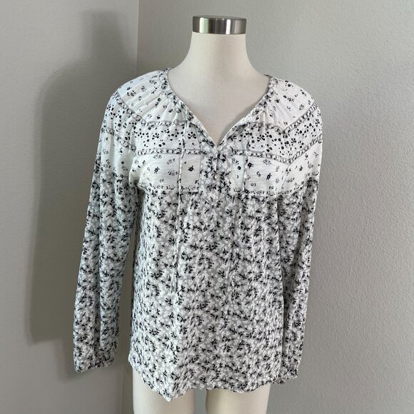 Lucky Brand Womens Medium Floral Long Sleeve Boho Blouse Front Tie Neck Shirt - Picture 1 of 9